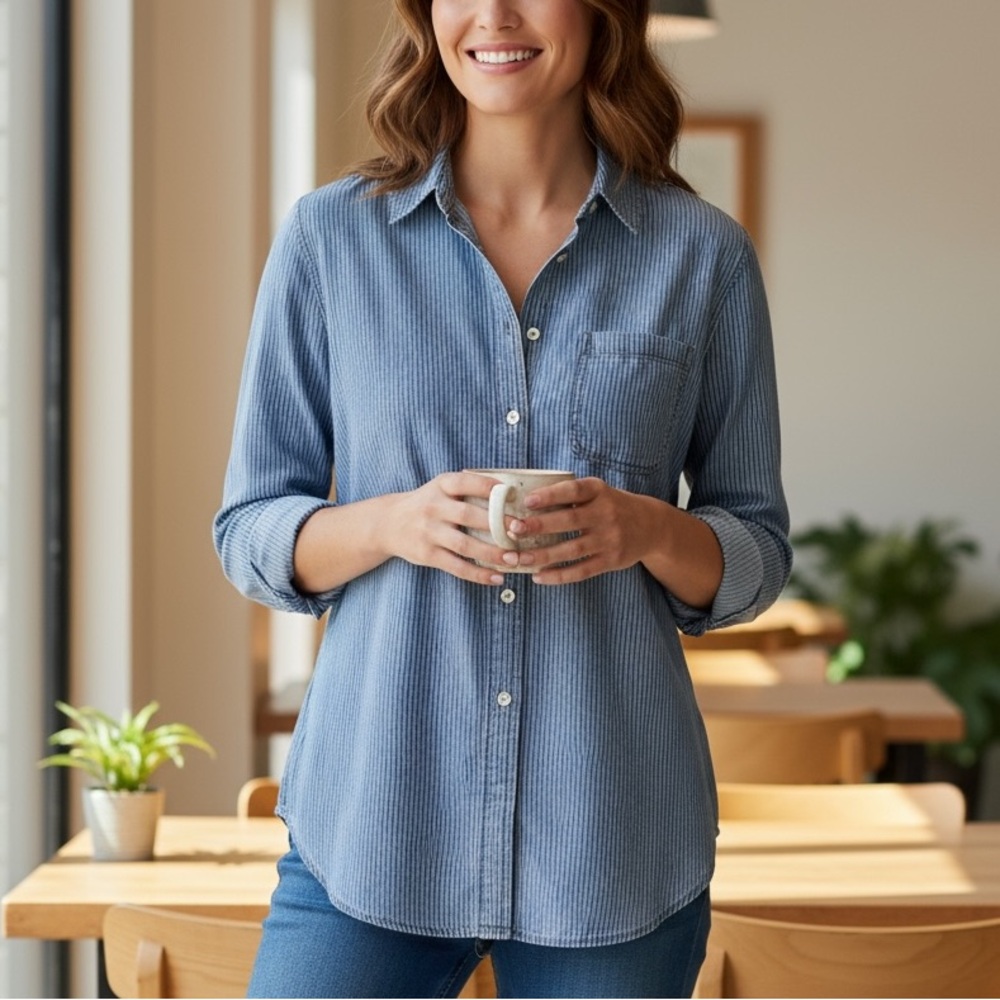 Seven7 Denim Chambray Striped Shirt – Blue (Size M)